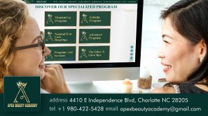 Two women browsing Apex Beauty Academy programs online to find a short-term course to increase income.