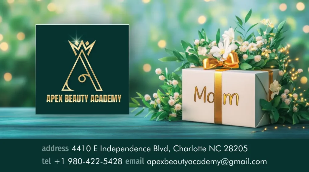 A smiling mother holding a gift voucher for a professional esthetic and manicuring course at Apex Beauty Academy.