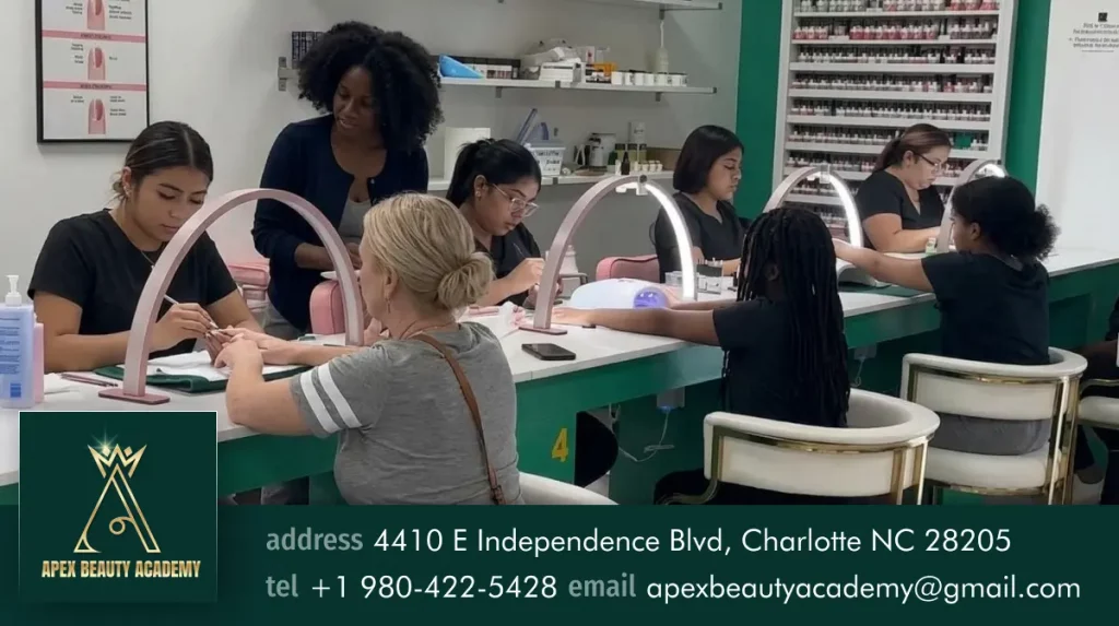 Students practicing at Apex Beauty Academy programs including manicuring, esthetician facials, and advanced Procell Therapies.