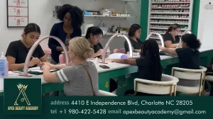 Students practicing at Apex Beauty Academy programs including manicuring, esthetician facials, and advanced Procell Therapies.