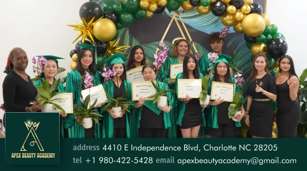 Smiling diverse group of graduates in green gowns and caps at Apex Beauty Academy holding certificates and orchid plants after completing a short-term course to increase income.